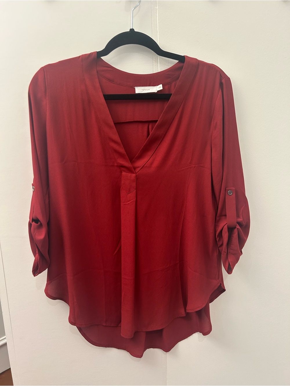 Lush V-Neck Roll-Tab Blouse - Burgundy